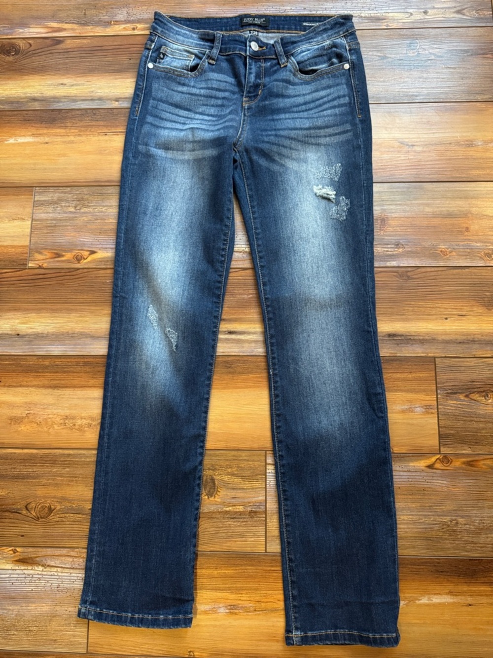 Judy Blue Straight Leg Jeans Size 7/28 Dark Wash Distressed Stretch Denim